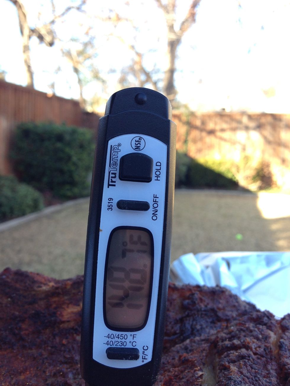 In 2-3 hours (depending on the size of your brisket, the amount of fat, the cooking temperature, etc) you will hit 140-150 degrees. It's time to move to the oven!