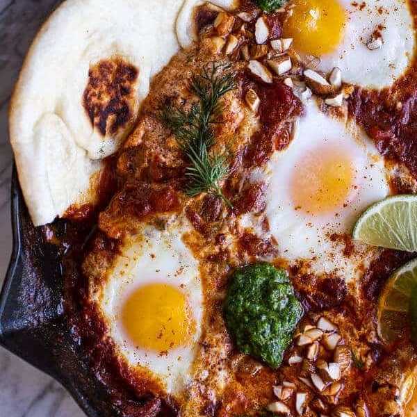 Indian Style Baked Eggs with Green Harissa + Naan