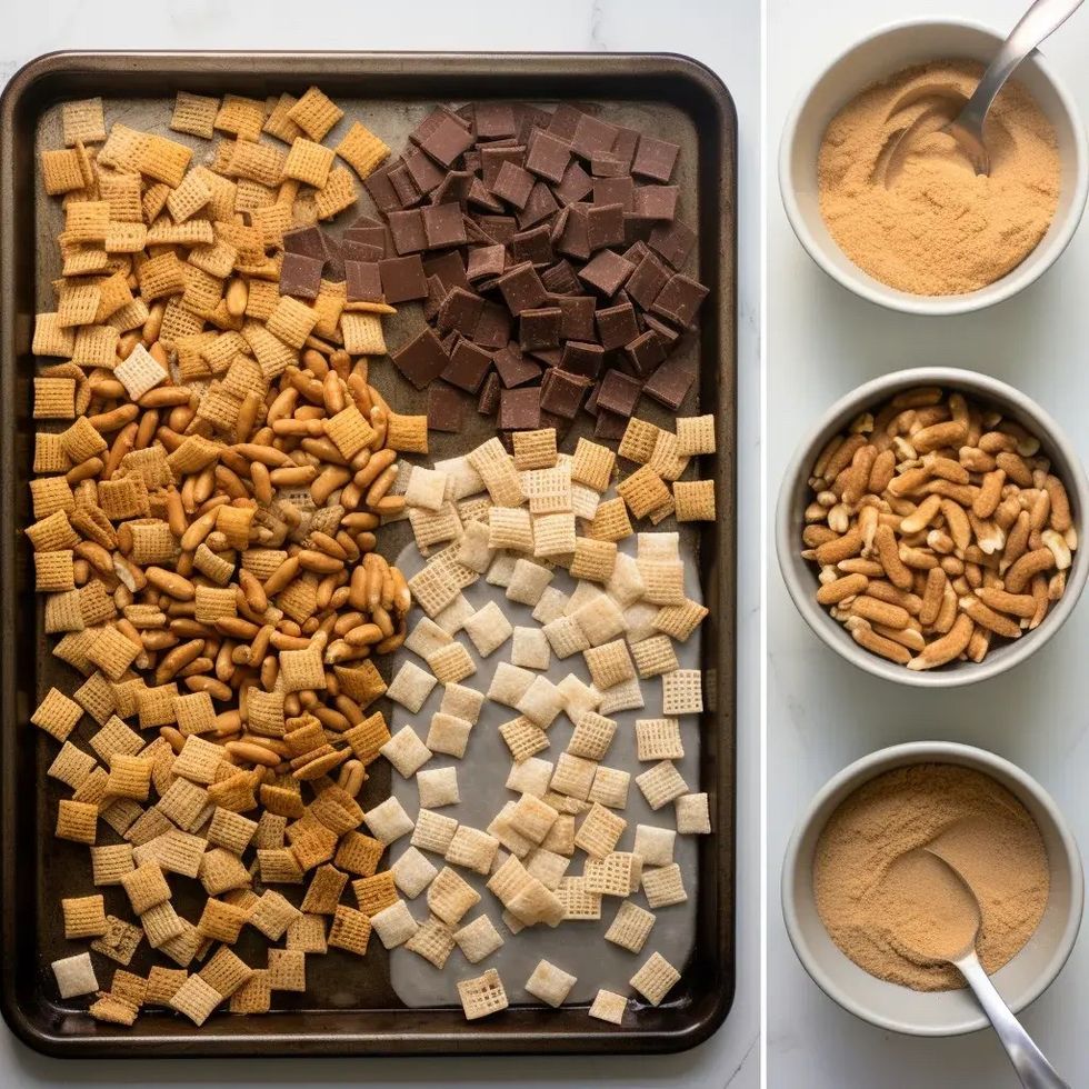 ingredients for puppy chow sitting on a counter