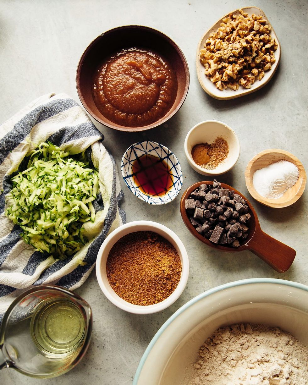 Ingredients for Spelt Zucchini Bread with Warm Spices, Walnuts & Chocolate
