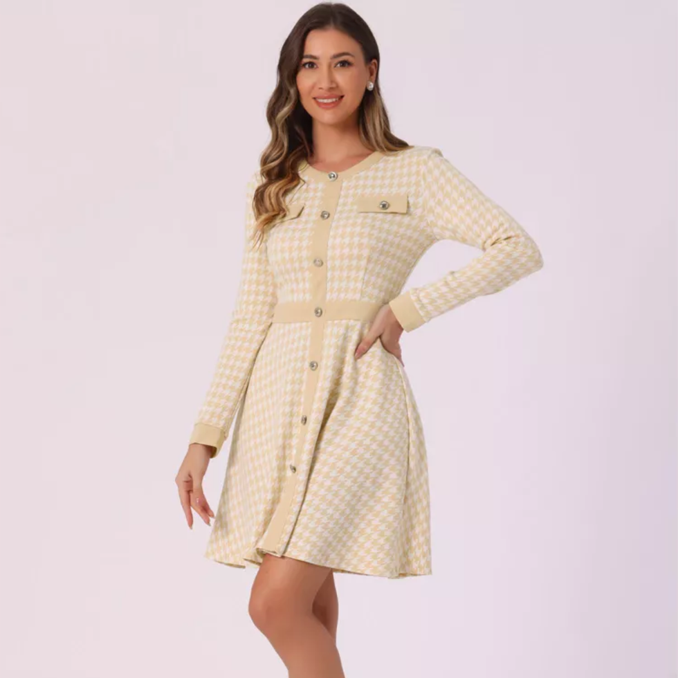 Inspire Chic Houndstooth Crew Neck Dress
