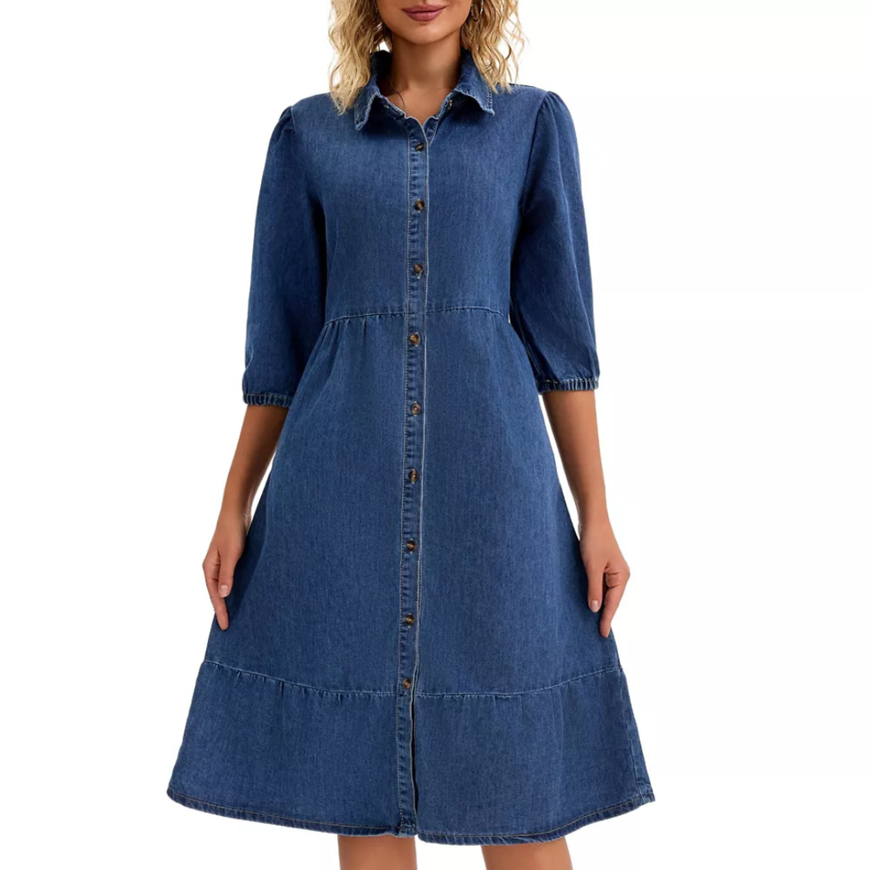 Inspire Chic Puff Sleeve Denim Dress
