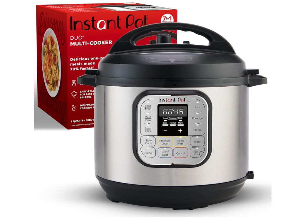 Instant Pot Duo multi-cooker with box, showing its control panel and settings.