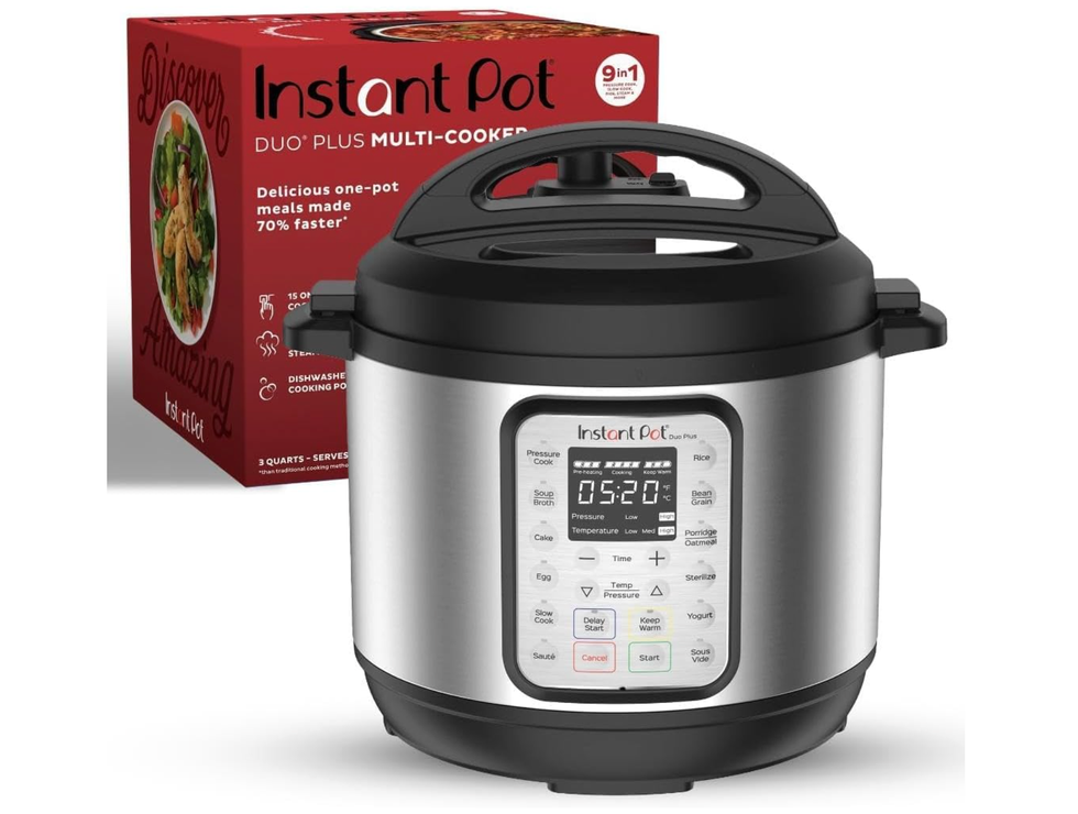 Instant Pot Duo Plus multi-cooker with digital display, next to its packaging box.