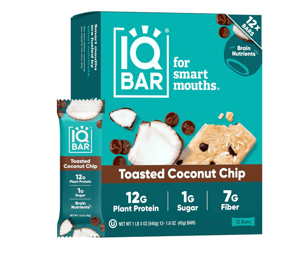 IQ Bar box with toasted coconut chip flavor, 12 bars, with nutritional highlights.