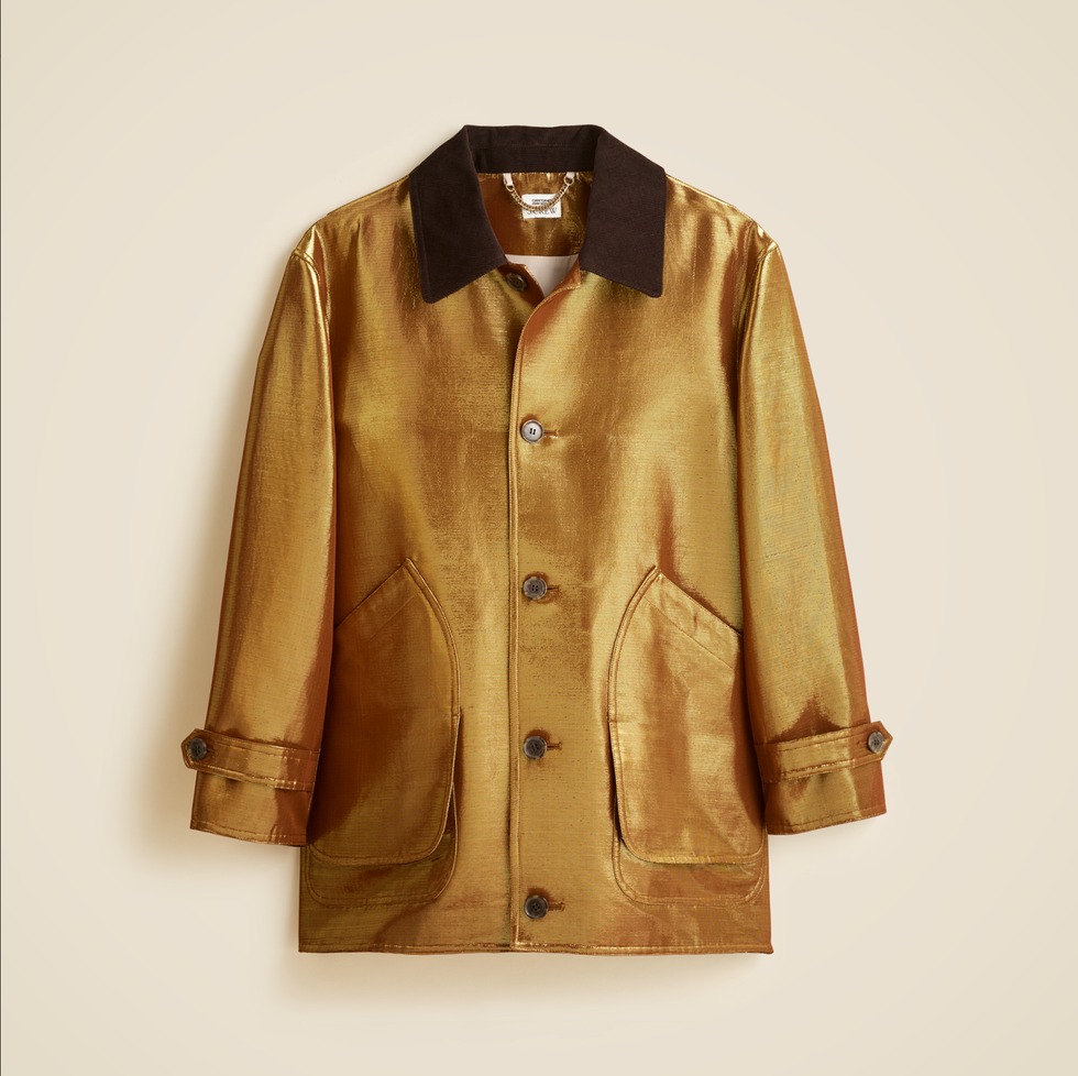 j.crew christopher john rogers lam\u00e9 gold barn jacket
