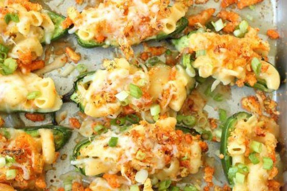 Jalape\u00f1o Poppers With Cheetos on a baking sheet pan