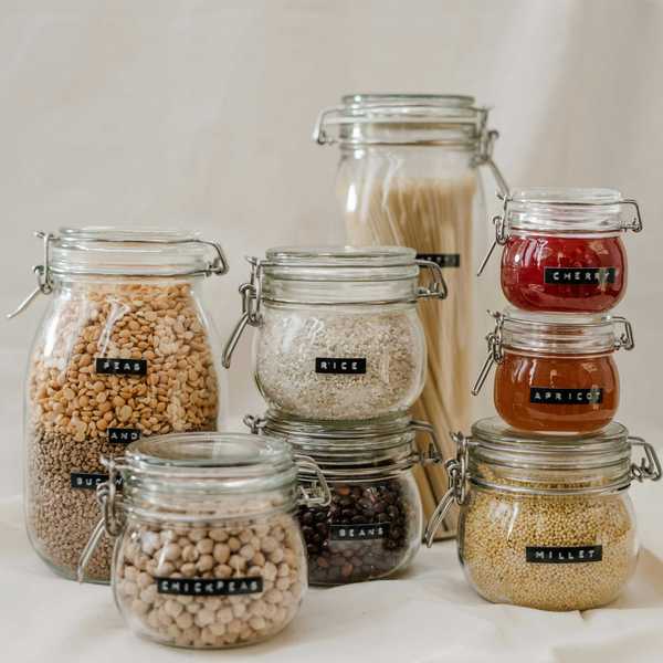Jars filled with grains, pasta, beans, and preserved fruits, labeled and arranged neatly.