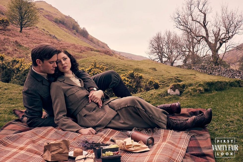 Jeremy Irvine and Hermione Corfield in Outlander: Blood of My Blood.