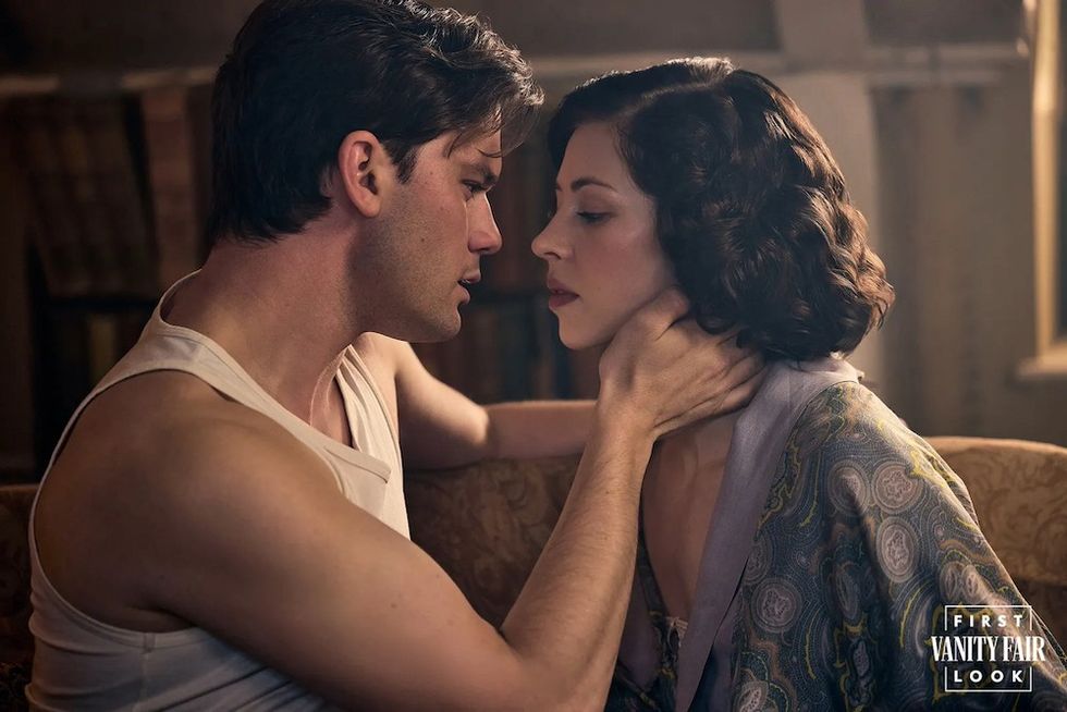 Jeremy Irvine and Hermione Corfield in Outlander: Blood of My Blood.