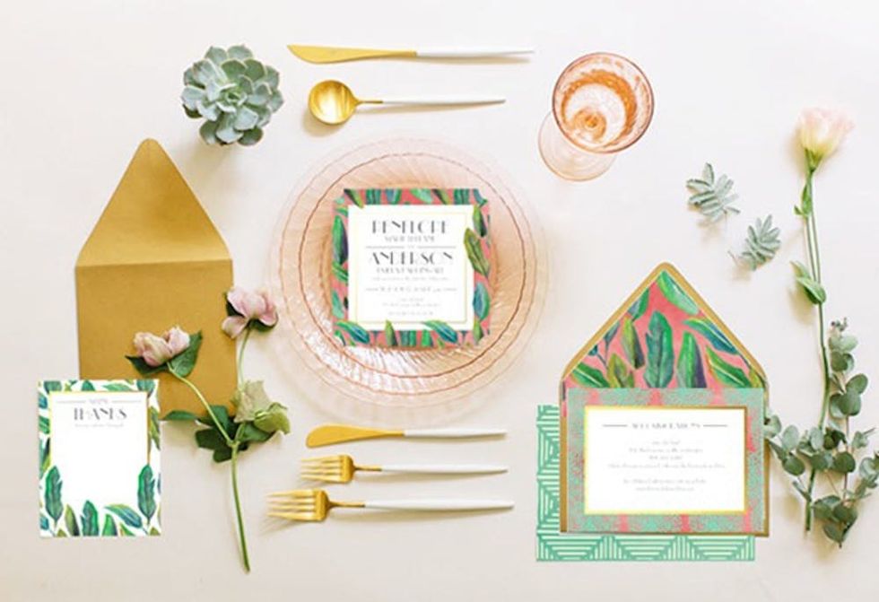justina-blakeney-wedding-paper-divas-invitation-on-plate-with-matching-suite-and-gold-envelope