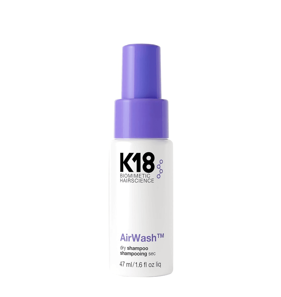 K18 AirWash dry shampoo, 47ml bottle with purple cap.