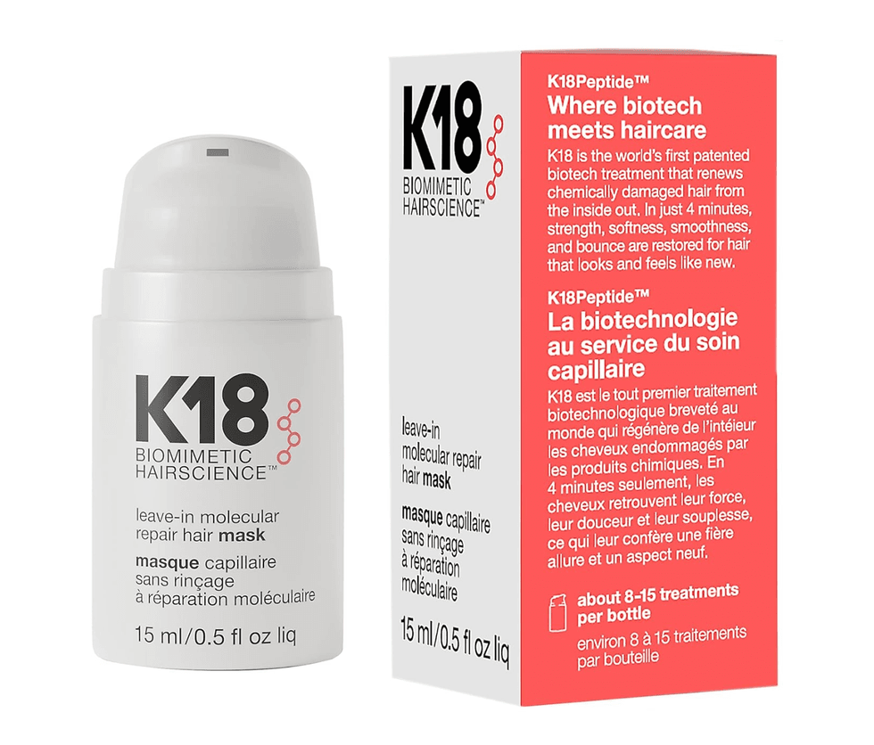K18 hair repair mask bottle and box with product details in English and French.