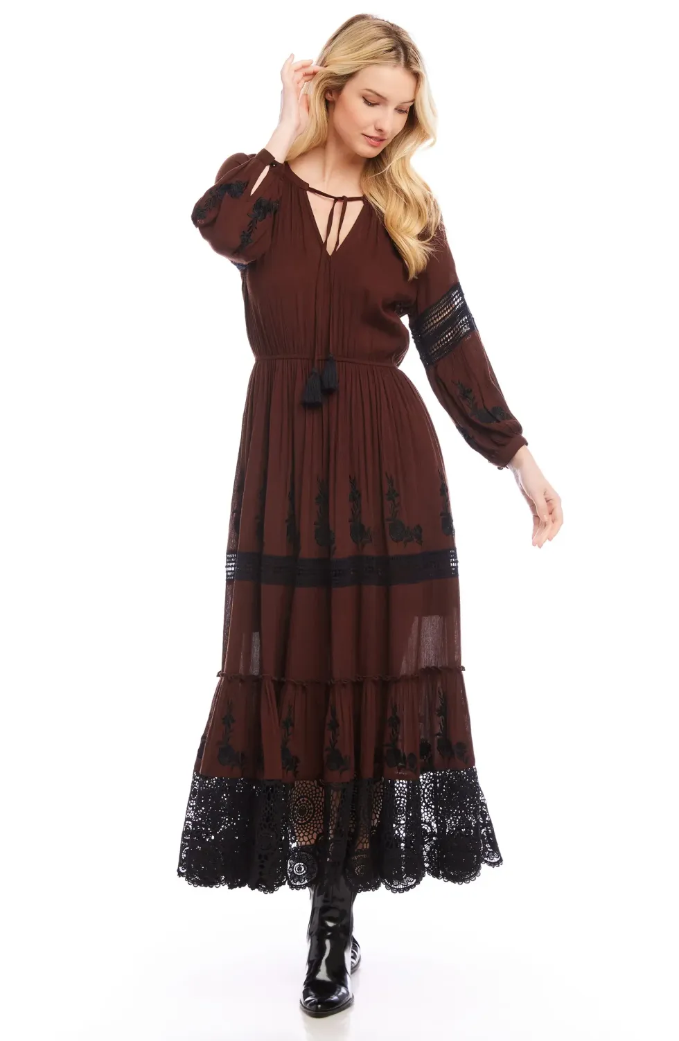 Karen Kane Long Sleeve Embroidered Lace Maxi Dress