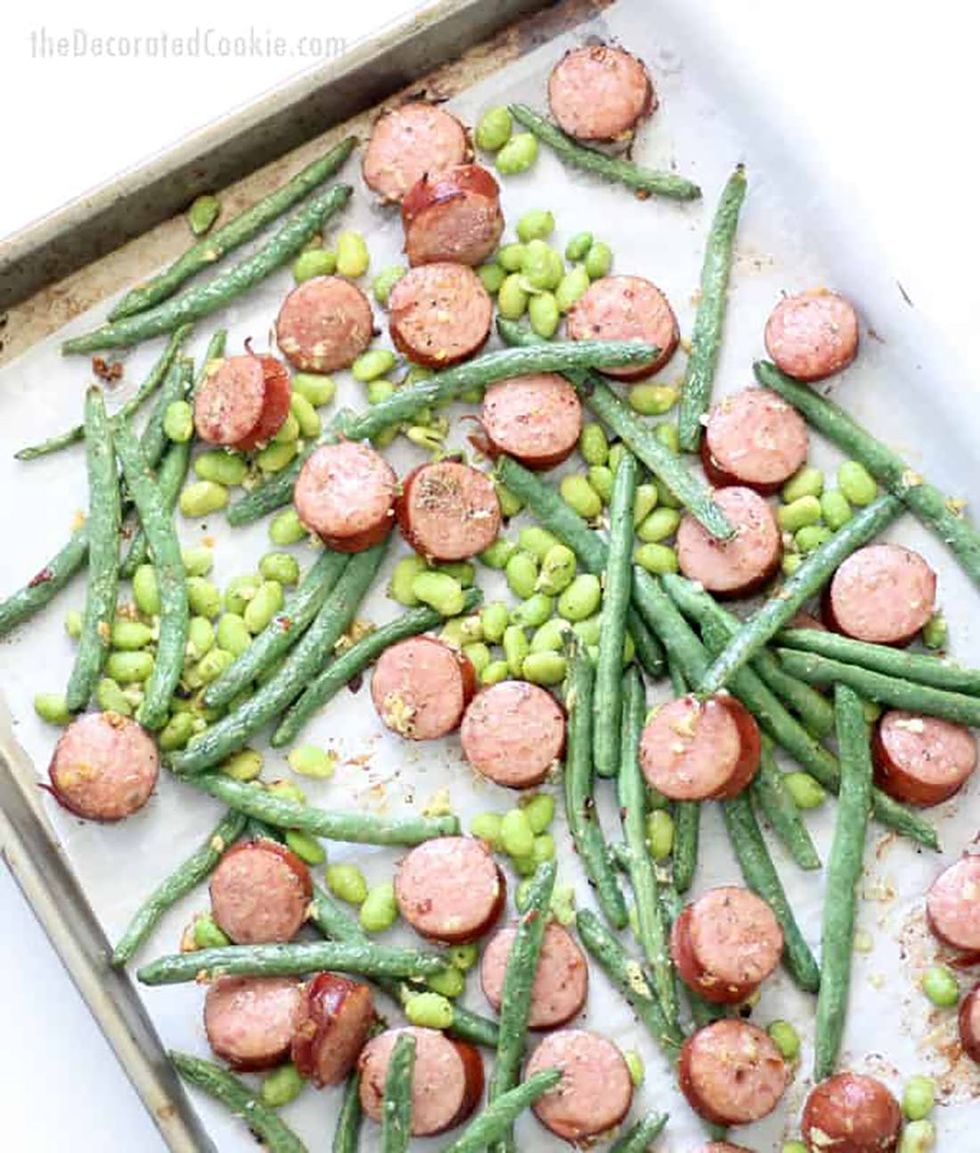 kielbasa and green beans with edamame