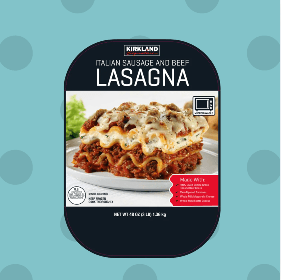Kirkland Italian sausage and beef lasagna packaging on a teal polka dot background.