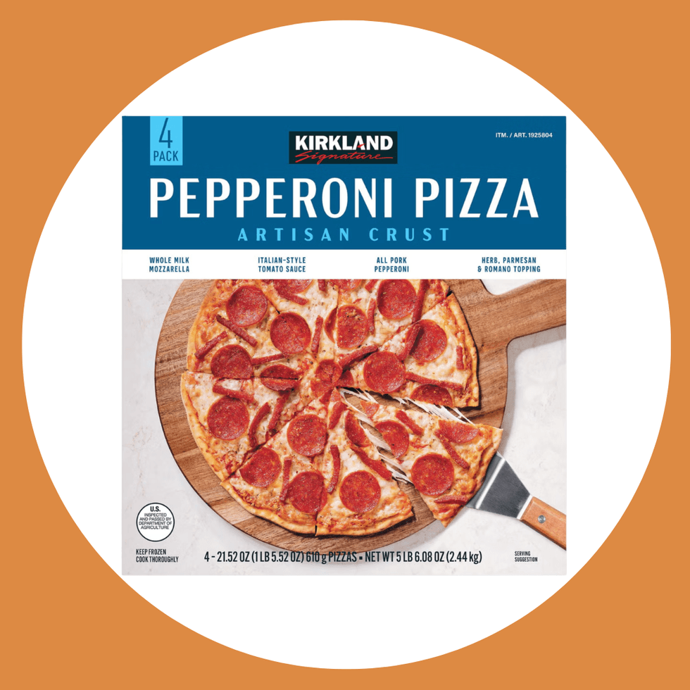 Kirkland pepperoni pizza box, artisan crust, four-pack, on an orange background.