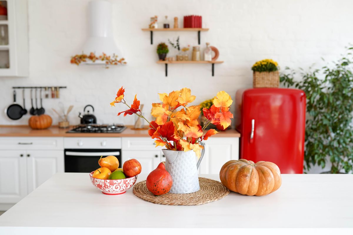 kitchen decorated for fall