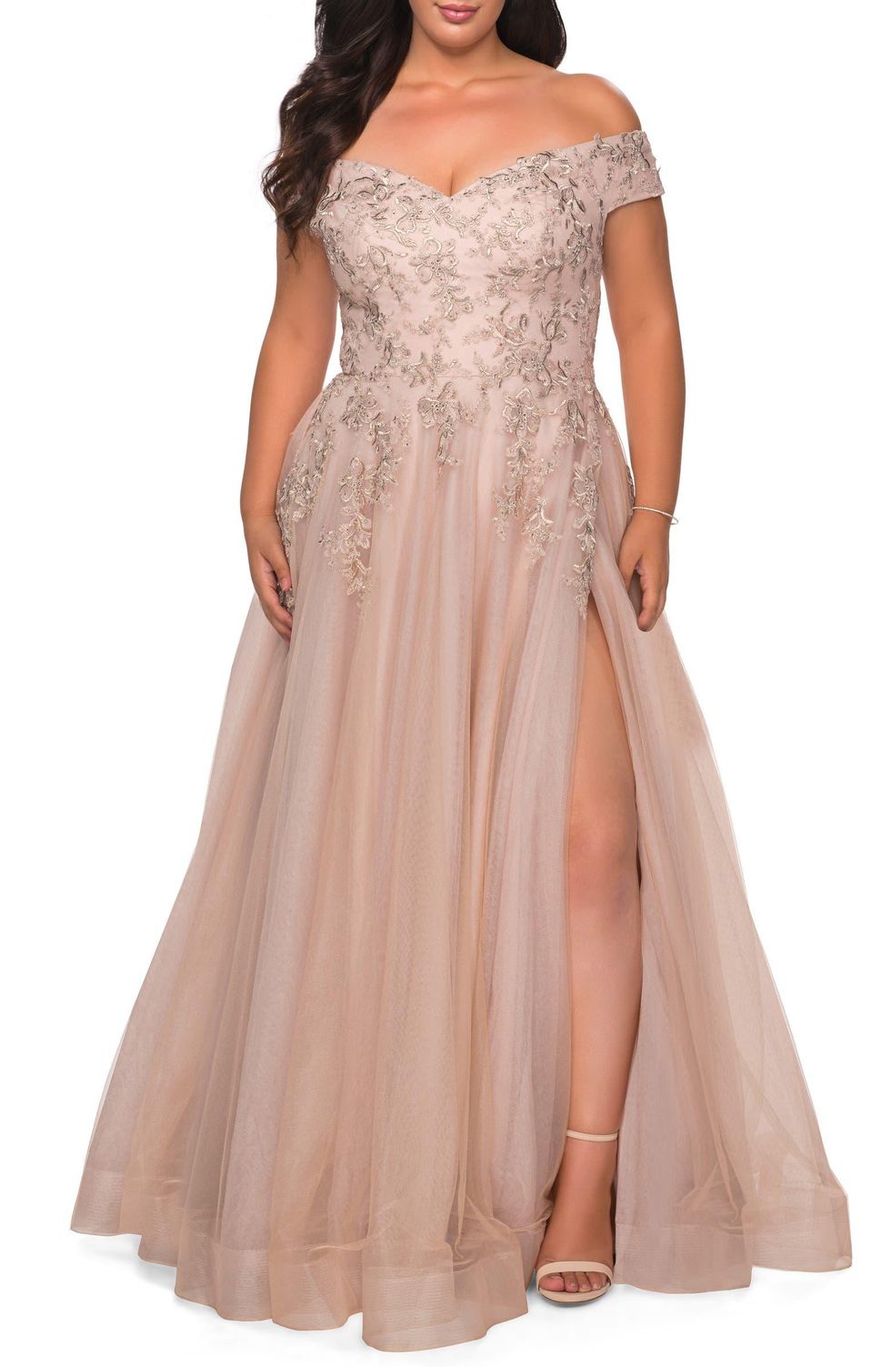La Femme Lace & Tulle Off-Shoulder Gown