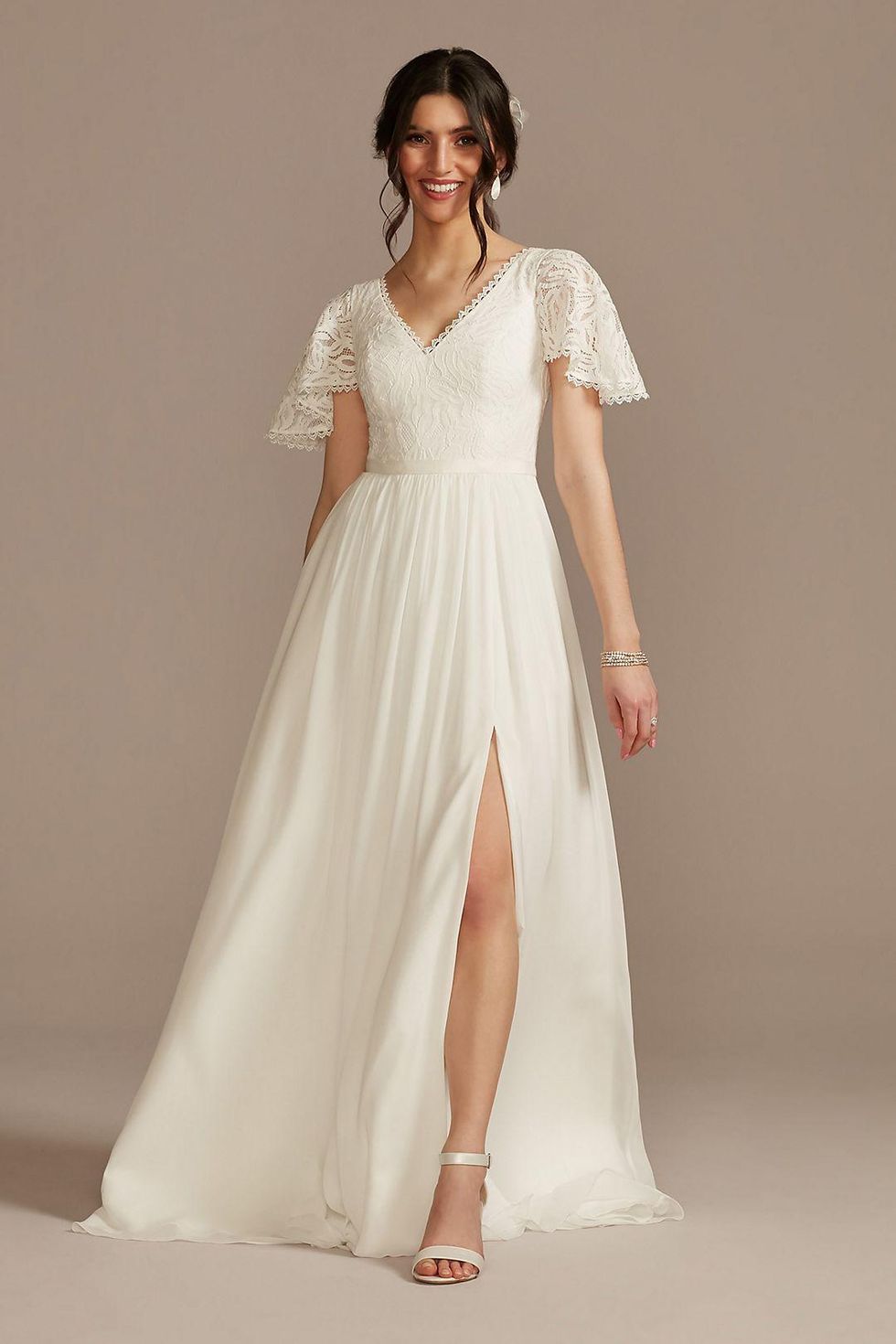 lace chiffon flutter sleeve a-line wedding dress