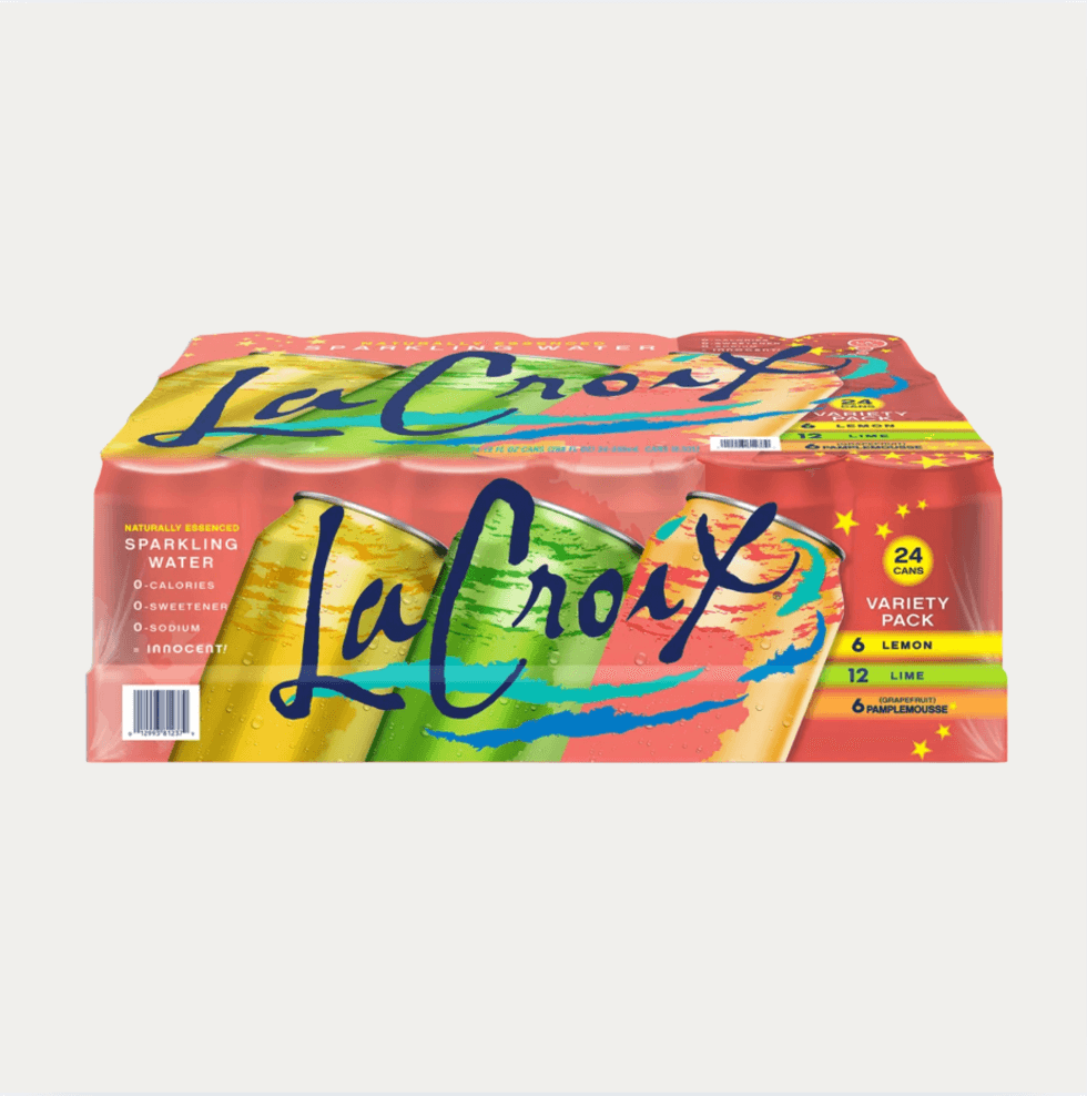LaCroix sparkling water variety pack box with lemon, lime, and grapefruit flavors.