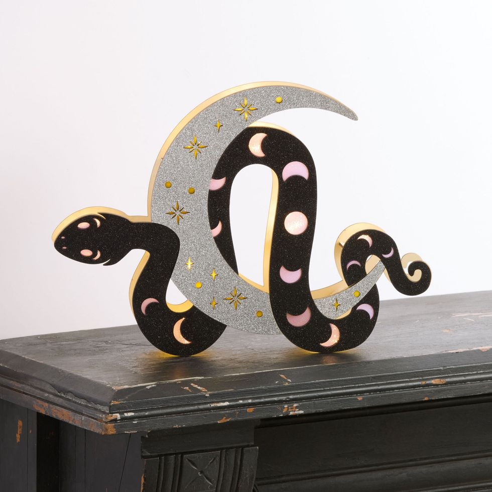 Laser Cut Wood Glittered Snake & Moon LED Light Up Decor