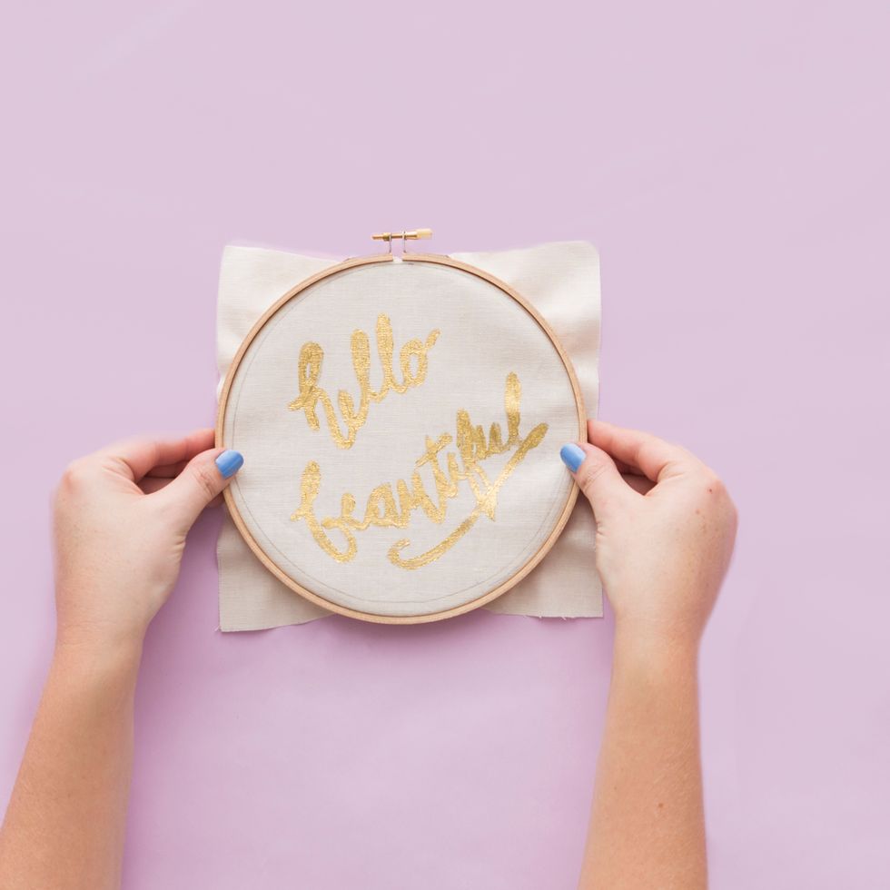 Lastly, tightly fasten your foiled fabric into the embroidery hoop.