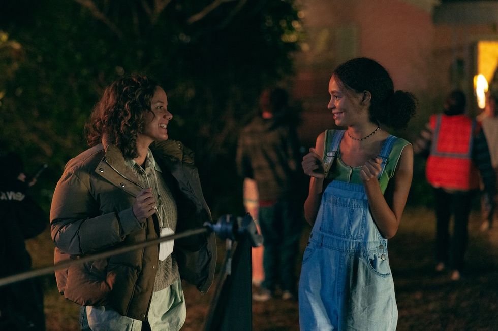 laura chinn and nico parker on the set of suncoast