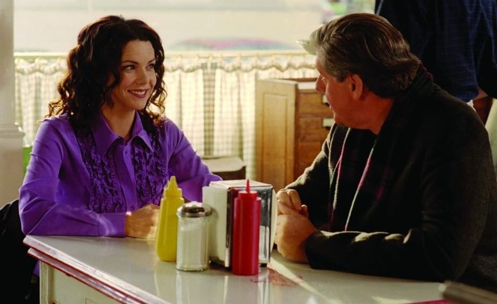 lauren graham as lorelai gilmore and edward herrmann as richard gilmore on 'gilmore girls'