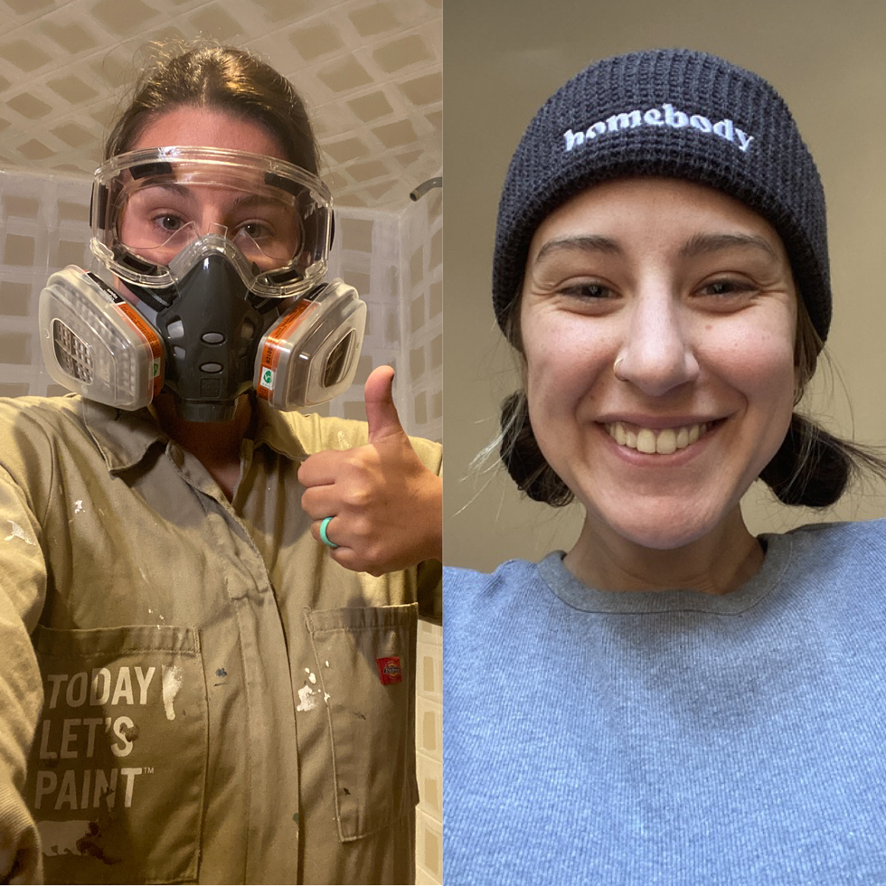 (left) Mackenzie Edwards in a mask while she works on projects. (right) Mackenzie Edwards smiling at the camera.