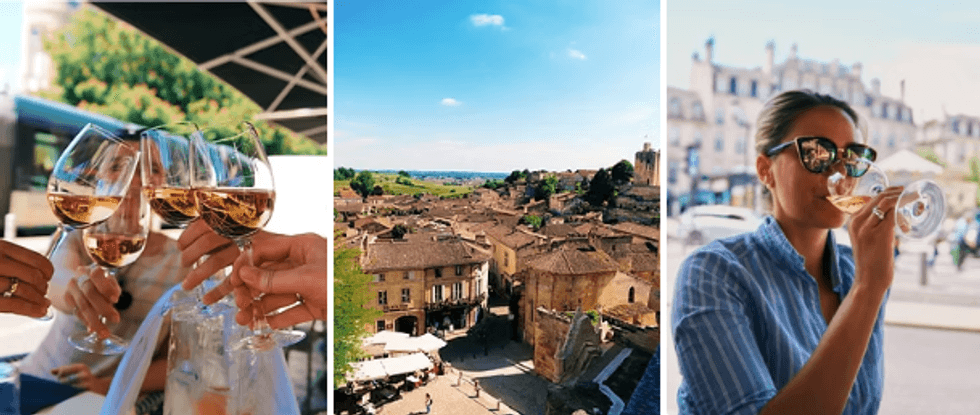 Left: Toasting wine. Center: Scenic village view. Right: Woman sipping wine outdoors.