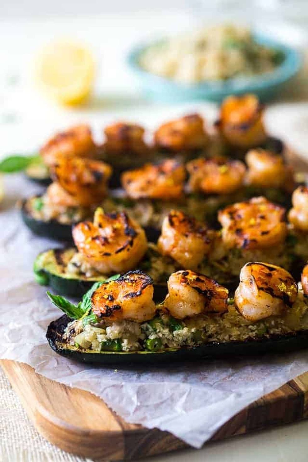Lemon Asparagus Cauliflower Rice Stuffed Grilled Zucchini with Shrimp