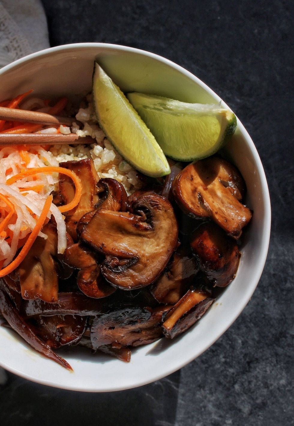 Lemongrass Cauli-rice Bowl with Sweet Ginger Mushrooms