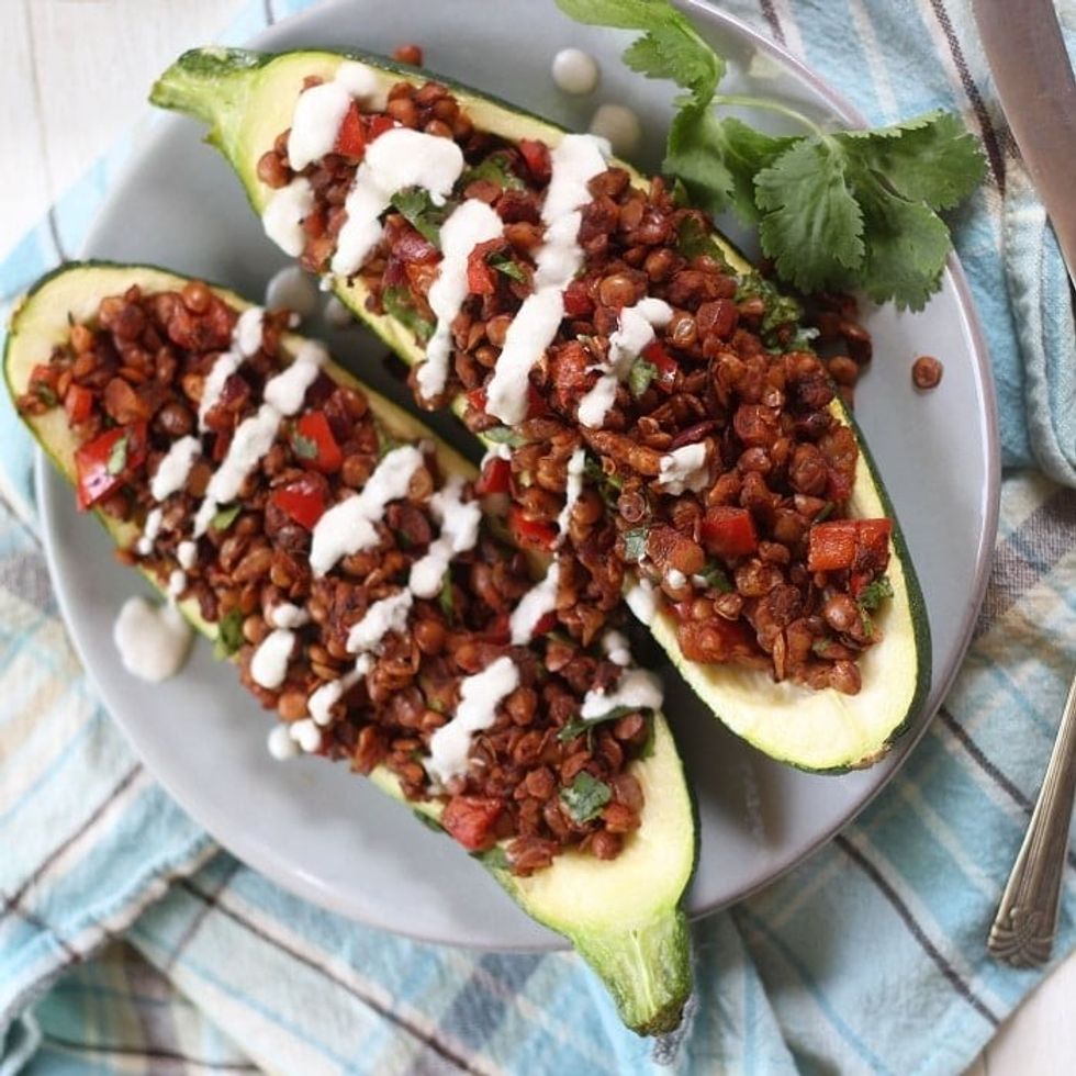 Lentil Walnut Vegan Chorizo Stuffed Zucchini