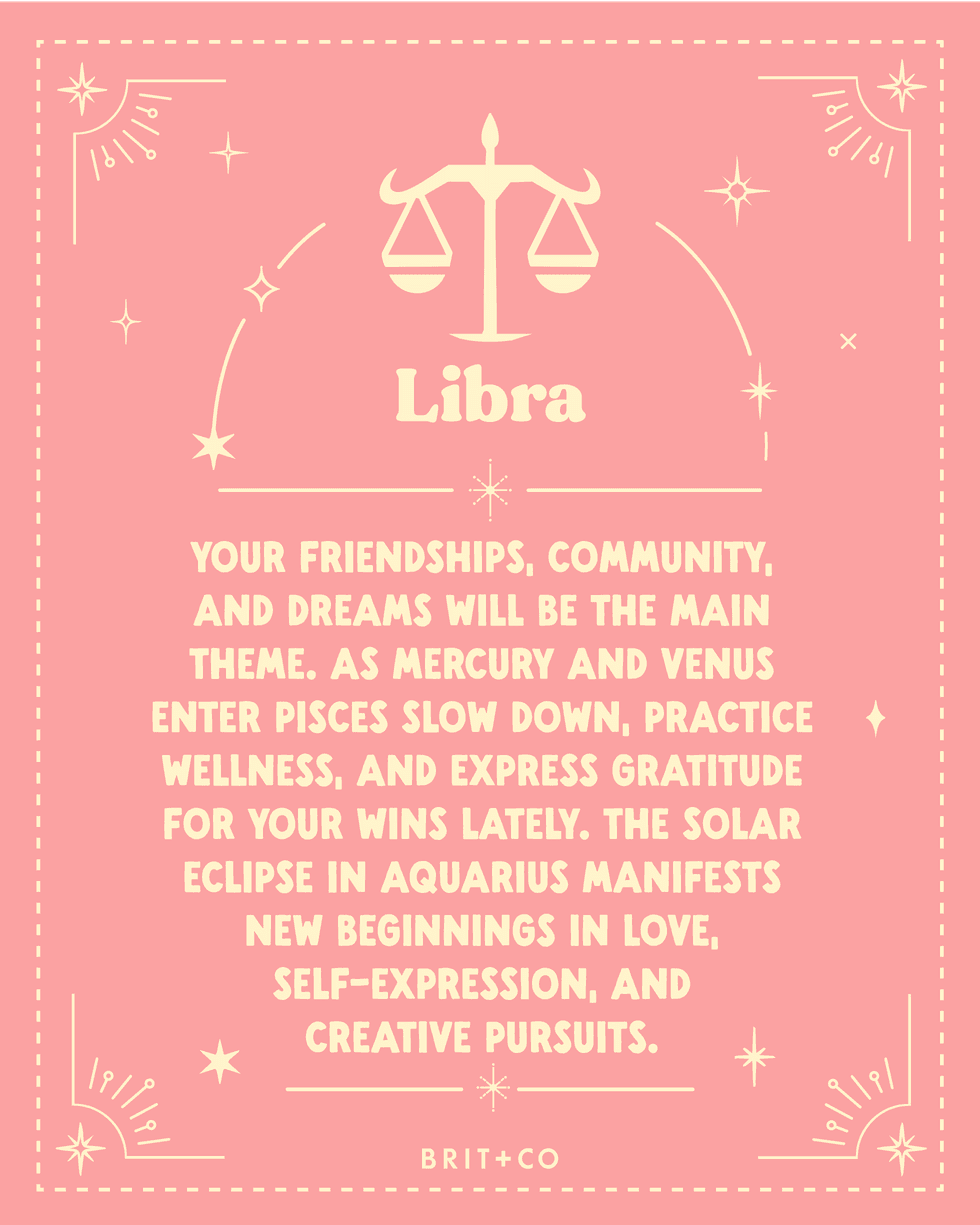 Libra horoscope on pink background with scales symbol, stars, and decorative elements.