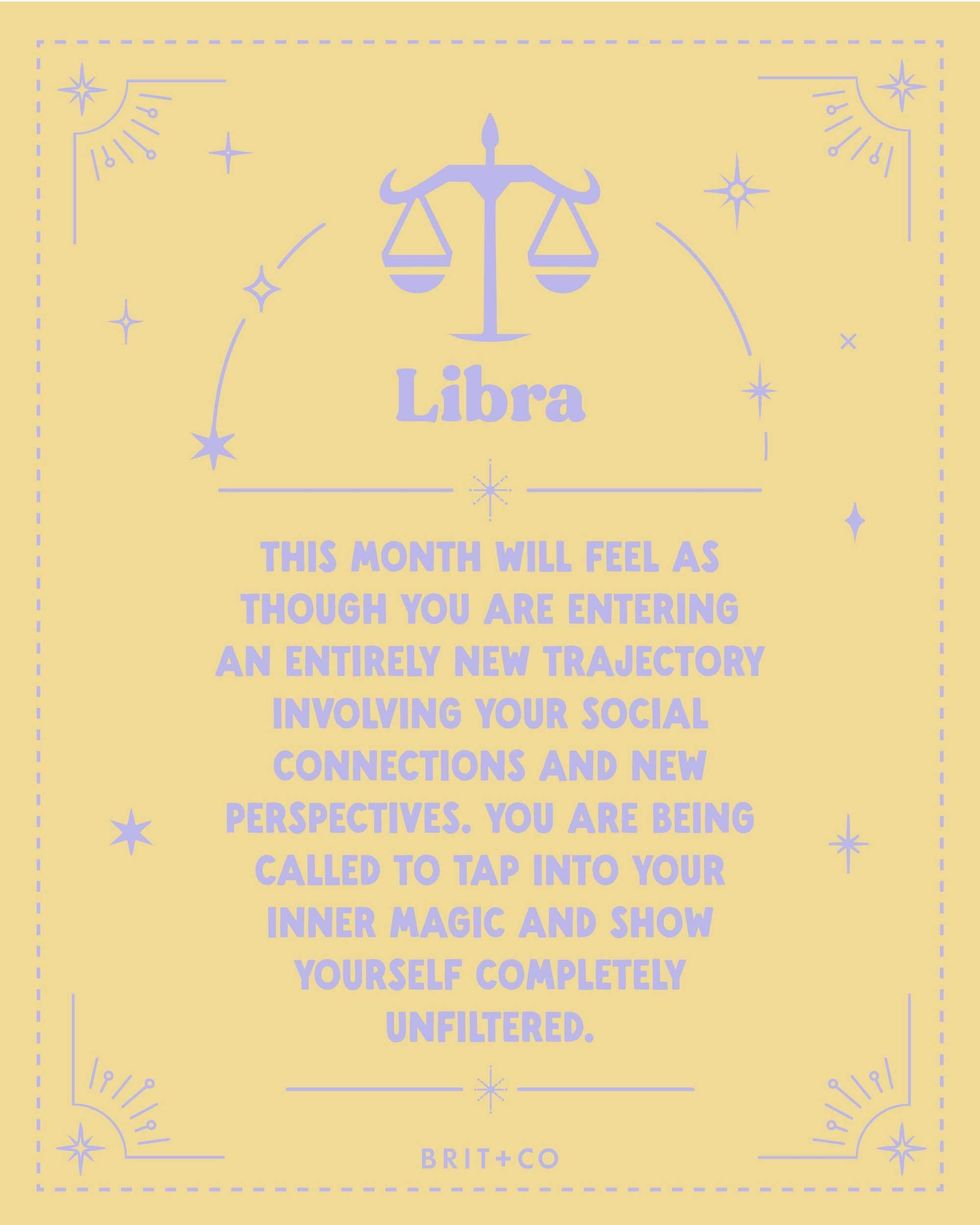 Libra horoscope text with scales symbol and decorative stars on a yellow background.