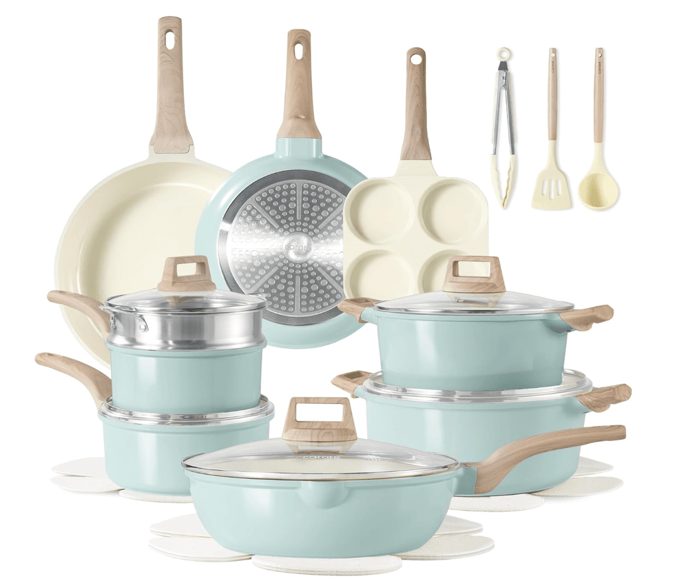 Light blue cookware set with pans, pots, lids, and utensils.
