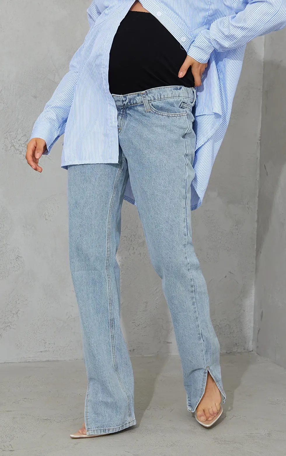 Light Wash Split Hem Maternity Jeans