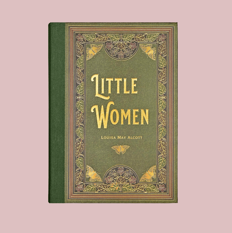 "Little Women" book cover with ornate gold floral design.