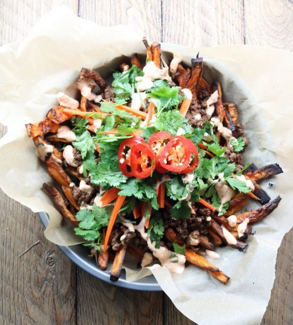 Loaded Asian Sweet Potato Fries With Pickled Carrot and Chili Garlic Sauce