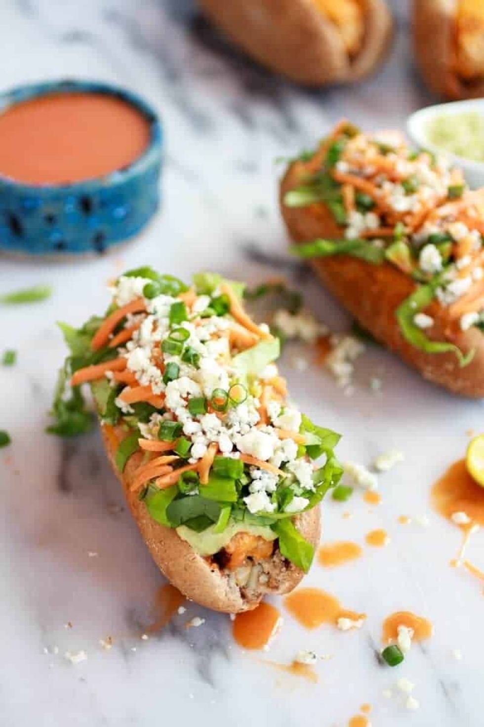 Loaded Cheddar and Blue Cheese Buffalo Chicken Dogs