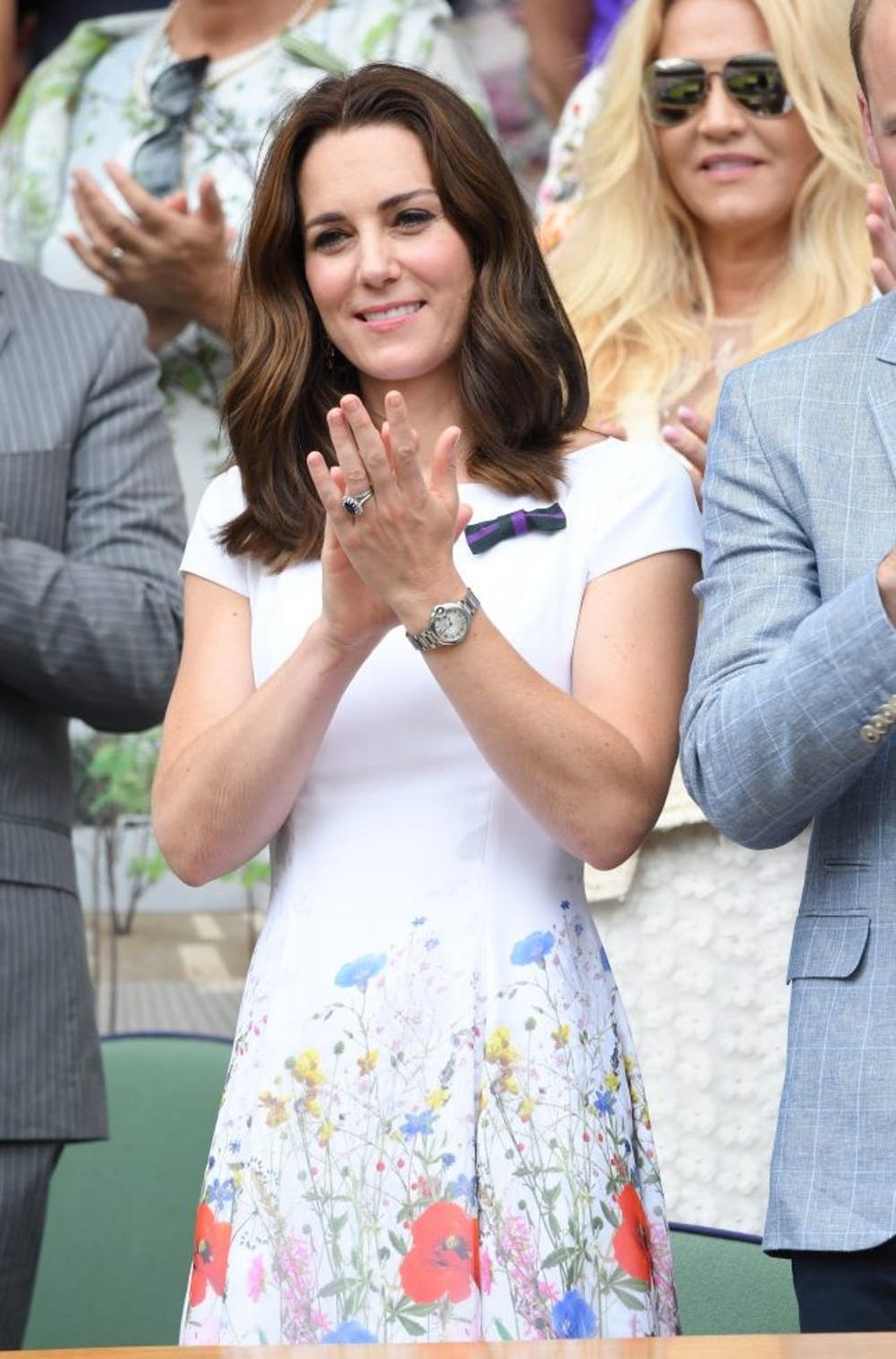 LONDON, ENGLAND - JULY 16: Catherine, Duchess of Cambridge attends the Mens Singles Final during day thirteen of the Wimbledon Tennis Championships at the All England Lawn Tennis and Croquet Club on July 16, 2017 in London, United Kingdom. (Photo by Karwai Tang/WireImage)