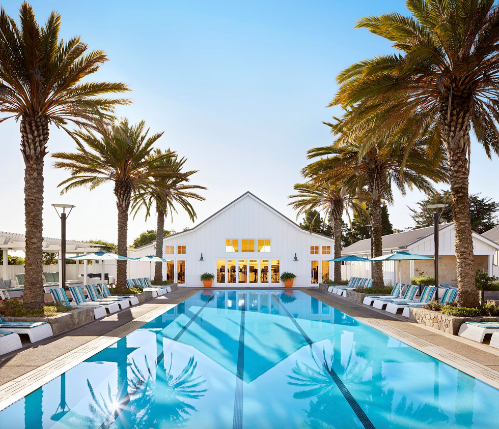 Long pool with palm trees and white building under a clear blue sky.