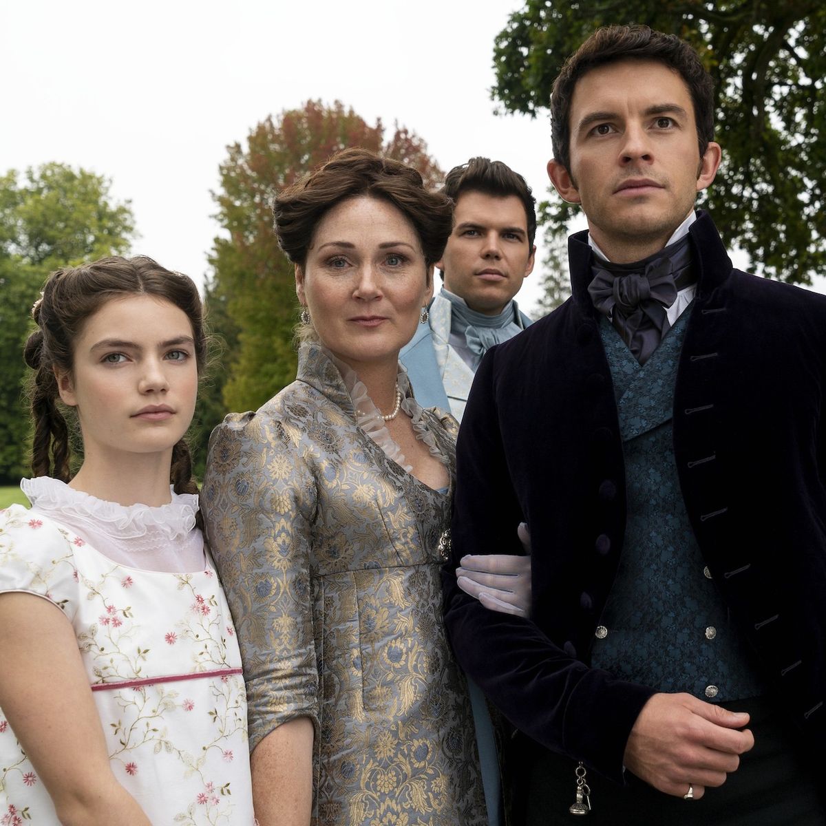 lorence Emilia Hunt as Hyacinth Bridgerton, Ruth Gemmell as Lady Violet Bridgerton, Luke Newton as Colin Bridgerton, Jonathan Bailey as Anthony Bridgerton, Luke Thompson as Benedict Bridgerton