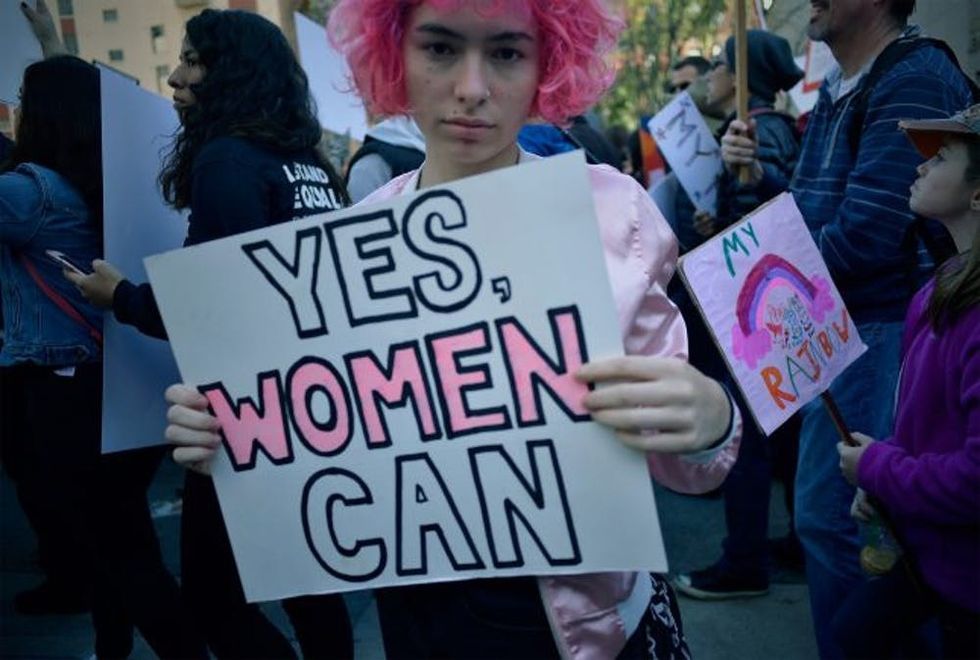 LOS ANGELES, CA - JANUARY 21: A participant is seen during the Women's March on January 21, 2017 in Los Angeles, California. Tens of thousands of people took to the streets of Downtown Los Angeles for the Women's March in protest after the inauguration of President Donald Trump. Women's Marches are being held in cities around the world. (Photo by Chelsea Guglielmino/Getty Images)