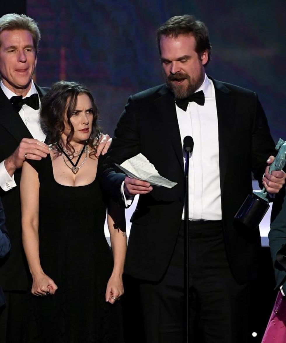 LOS ANGELES, CA - JANUARY 29: (L-R) Actors Matthew Modine, Winona Ryder and David Harbour of 'Stranger Things' accept Outstanding Performance by an Ensemble in a Drama Series onstage during The 23rd Annual Screen Actors Guild Awards at The Shrine Auditorium on January 29, 2017 in Los Angeles, California. 26592_014 (Photo by Kevin Winter/Getty Images )