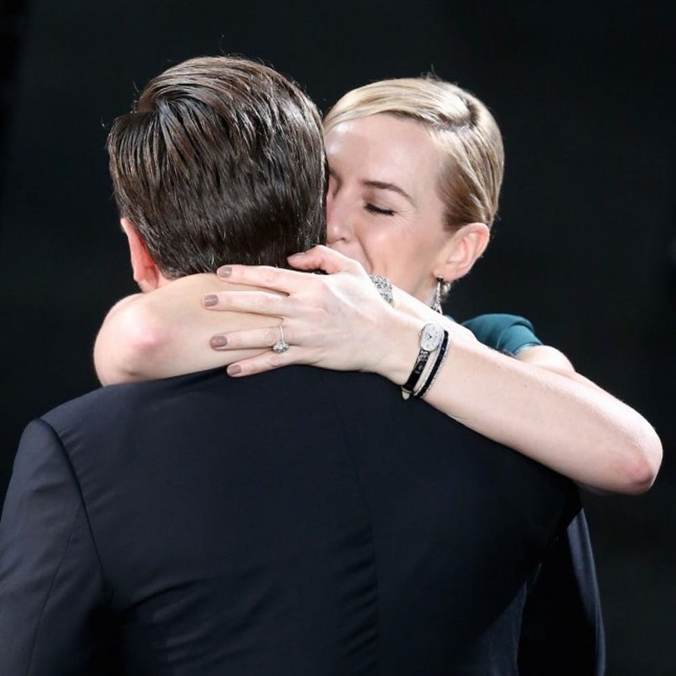 LOS ANGELES, CA - JANUARY 30: Actress Kate Winslet (R) congratulates Actor Leonardo DiCaprio after he wins the award for Outstanding Performance by a Male Actor in a Leading Role for 'The Revenant' during The 22nd Annual Screen Actors Guild Awards at The Shrine Auditorium on January 30, 2016 in Los Angeles, California. 25650_018 (Photo by Christopher Polk/Getty Images for Turner)