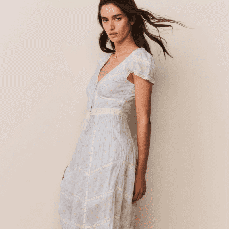 sachin and babi light blue dress Vintage Floral Dress Women Elegant Lace Chiffon Korean Party Dress Puff  Sleeve V Neck Midi Dress Fall Dresses for Women Color: beige, Size: S main image 0