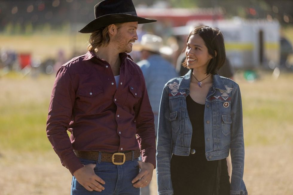 Luke Grimes and Kelsey Asbille as Kayce Dutton and Monica Dutton in 'Yellowstone'