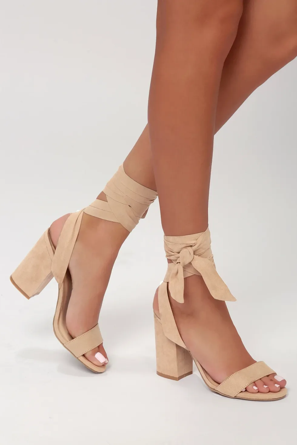 Lulu's Alta Light Nude Suede Lace-Up Heels